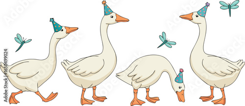 Whimsical Geese in Party Hats with Dragonflies Isolated on a White Background