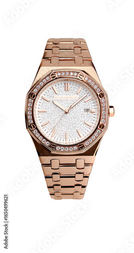 Rose gold watch with diamonds.  A luxury timepiece featuring a rose gold octagonal bezel and bracelet, set with sparkling diamonds.  White dial with subtle texture