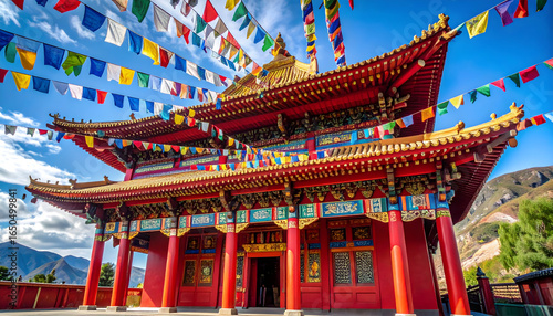 Wallpaper Mural Ornate Red Temple Exterior with Golden Roof and Colorful Flags against Blue Sky and Sunlight Torontodigital.ca