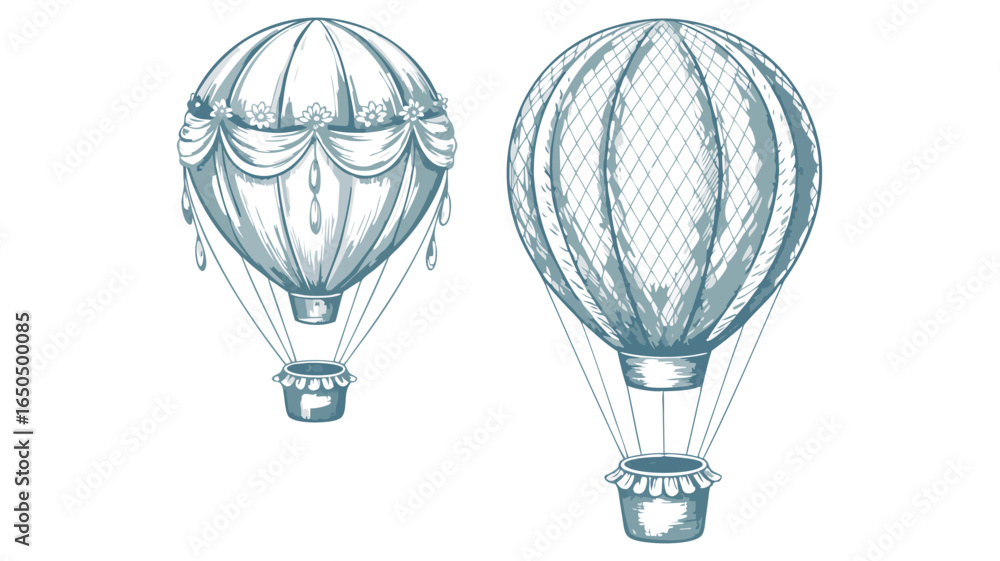 Obraz premium Two Illustrated Air Balloons with Baskets, One Decorated with Flowers and Drapes