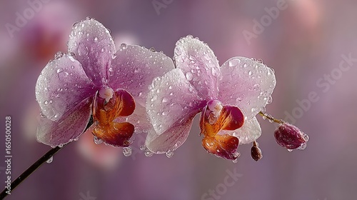 Two pink orchids, covered in water droplets,  against a soft-focus purple background
