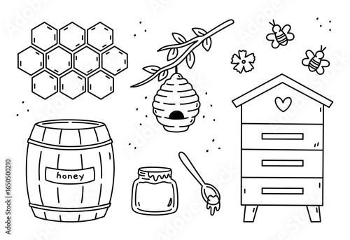 A cute beekeeping set with a jar of honey, a beehive, bees, honeycombs, a wooden barrel with honey. Vector hand-drawn illustration in doodle style. Perfect for various designs.