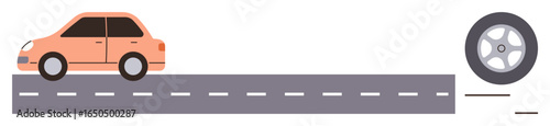 Small orange car driving on a gray road with dashed lines, showing a detached tire. Ideal for themes thumbs up vehicle safety, breakdown, maintenance, driving, repair, automotive