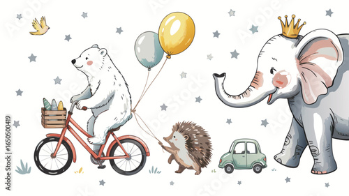 Whimsical Watercolor Animals Polar Bear on Bike, Hedgehog with Balloons, Crowned Elephant Art