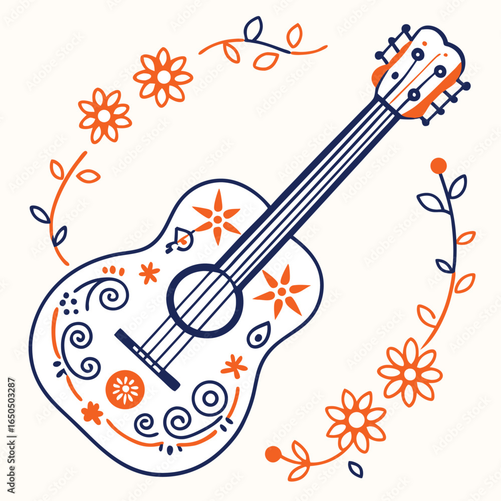 Naklejka premium Acoustic spanish guitar illustration with musical elements