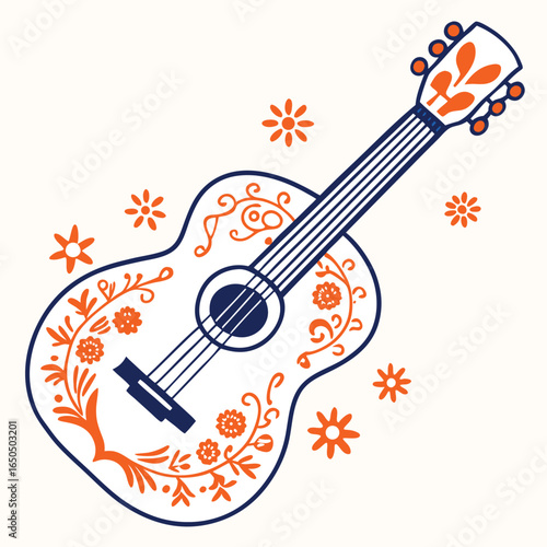 Classic spanish guitar illustration with musical elements