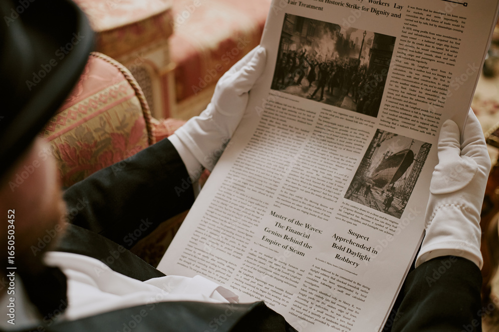 Naklejka premium Caucasian middle aged man wearing formal attire sitting and reading newspaper with gloved hands, holding paper open and focusing on printed articles in indoor setting