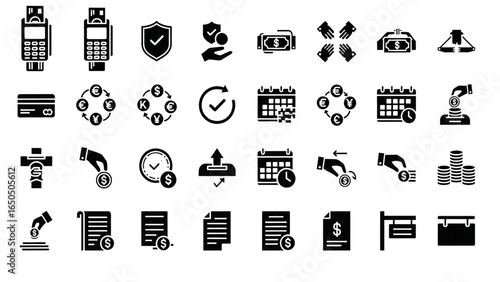 Financial Transactions Glyph Icon Set with Terminal, Secure Payment, Split, Currency Exchange, Confirmation, Scheduled, Deposit, Invoice, and Billing Silhouette Symbols
