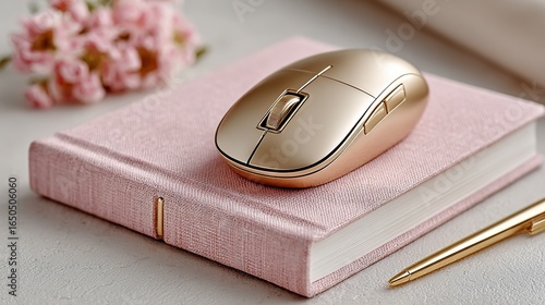 Glamorous Office Setup: Gold Mouse On Pink Notebook With Gold Pen And Flowers