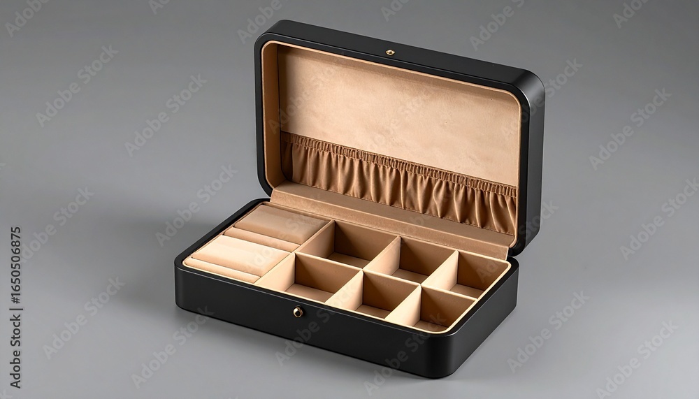 Open black jewelry box with beige interior, multiple compartments and ruched lid pocket on neutral surface Open black jewelry box with beige interior, multiple compartments and ruched lid pocket on neutral surface