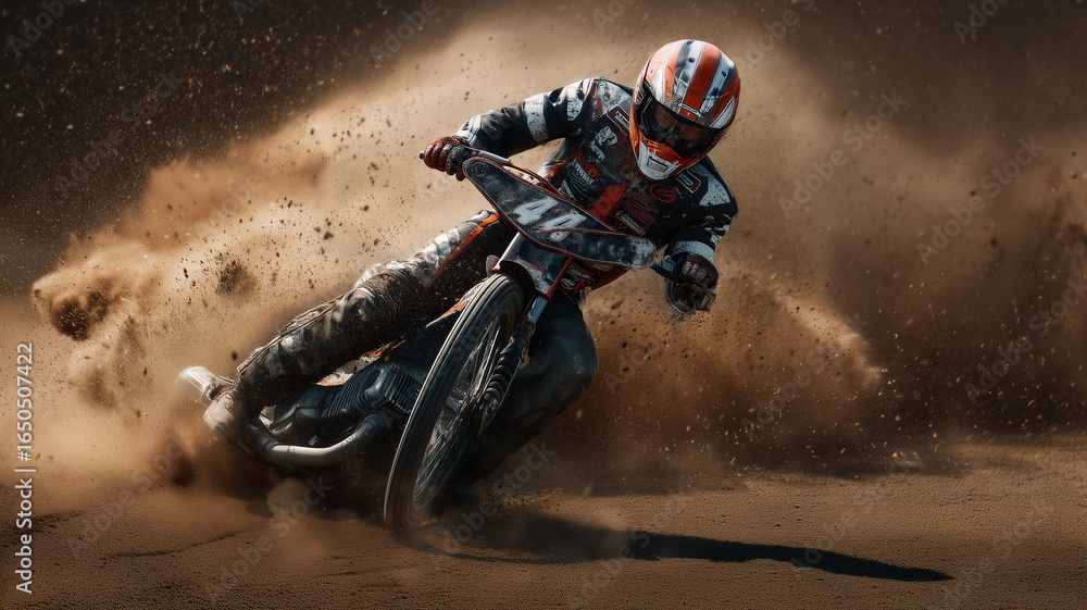 Obraz premium Żużlowiec w dynamicznym wyścigu – pełna adrenaliny scena sportowa, motocyklista pochylony na zakręcie, unoszący się kurz i prędkość.