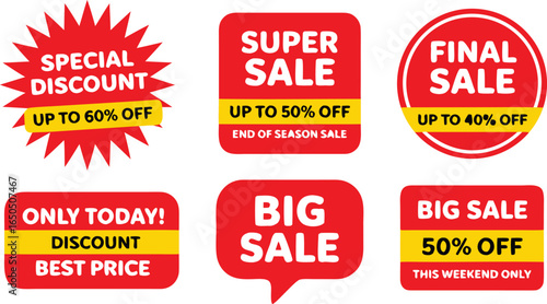 Red Sale Banners Offering Discount, Special, Super, Final, and Big Sale Pricing on a White Background