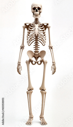 Human skeleton standing on white background, showing bones and joints