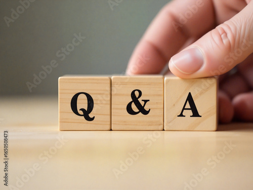 Q and a concept is being created with wooden cubes by human hand