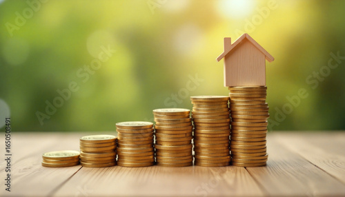 Increasing stacks of coins with a miniature house on top symbolizing savings for a new home