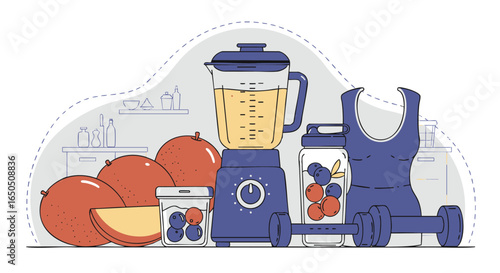 Wellness concept illustration of a healthy morning routine with fresh fruit smoothie preparation, blender, and fitness equipment for an active lifestyle