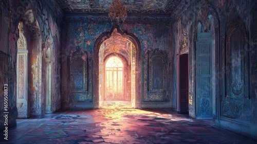 Sunlit interior of a dilapidated palace.