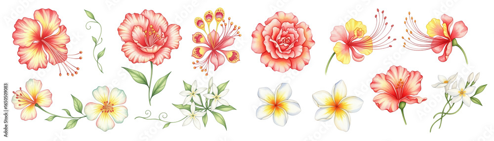 Fototapeta premium Beautiful collection of colorful tropical flowers showcasing vibrant hues and intricate details.