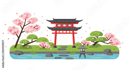 A vibrant Japanese garden illustration with a red torii gate blooming sakura trees and a tranquil pond.