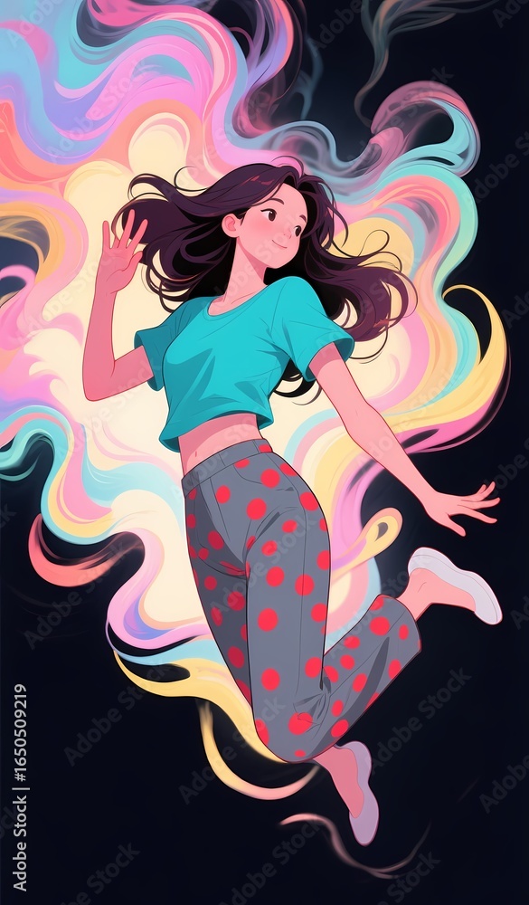 A vibrant illustration of a woman leaping with colorful, flowing trails surrounding her. A vibrant illustration of a woman leaping with colorful, flowing trails surrounding her.
