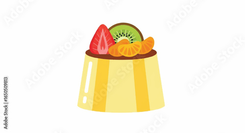 Caramel custard pudding topped with fresh sliced strawberry kiwi and mandarin orange.