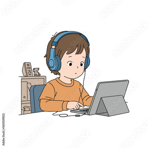 A focused young boy in headphones engages in remote learning on his tablet, illustrating concepts of online education and digital literacy for children.