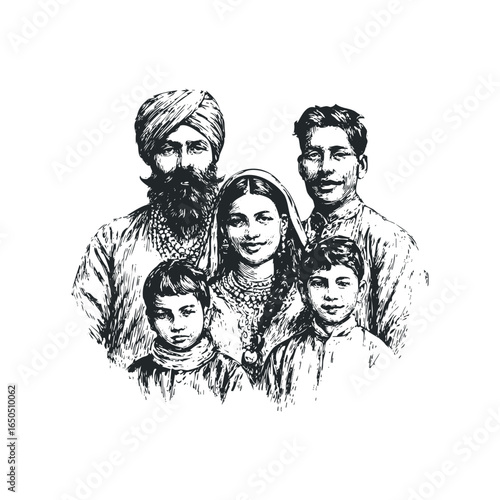 Sketch of a traditional Indian family with father, mother, and two sons