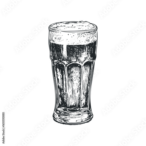 Hand drawn sketch of a tall glass filled with bubbly beer and frothy head