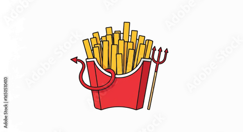 Cartoon of devilish french fries in a red carton with a pointed tail and trident.