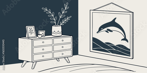 Minimalist living room decor with wooden commode, ceramic vase with eucalyptus, accessories, and a mock-up poster frame on the wall  dolphin  background.