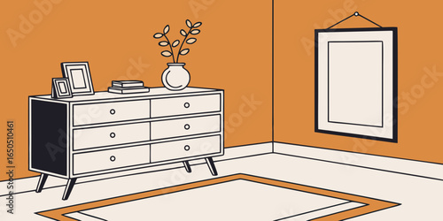 Minimalist living room decor with wooden commode, ceramic vase with eucalyptus, accessories, and a mock-up poster frame on the wall orange  background.
