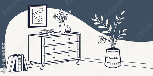 Minimalist living room decor with wooden commode, ceramic vase with eucalyptus, accessories, and a mock-up poster frame on the wall dark blue background.