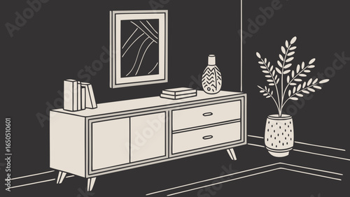 Minimalist living room decor with wooden commode, ceramic vase with eucalyptus, accessories, and a mock-up poster frame on the wall dark  background.