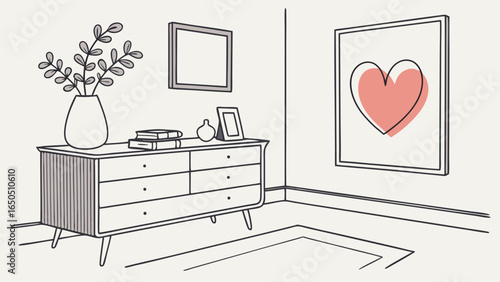 Minimalist living room decor with wooden commode, ceramic vase with eucalyptus, accessories, and a mock-up poster frame on the wall isolated heart background.