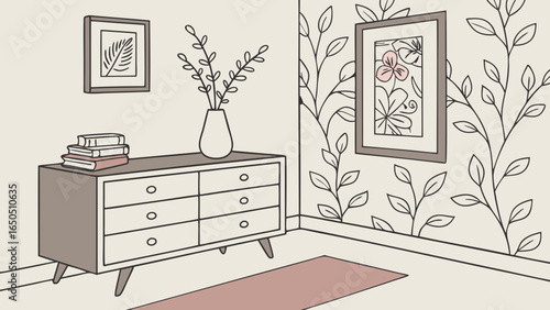 Minimalist living room decor with wooden commode, ceramic vase with eucalyptus, accessories, and a mock-up poster frame on the wall isolated  background.