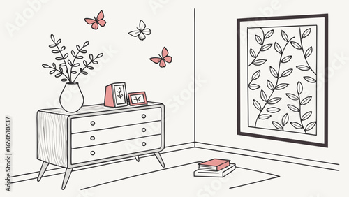 Minimalist living room decor with wooden commode, ceramic vase with eucalyptus, accessories, and a mock-up poster frame on the wall isolated butterflies background.