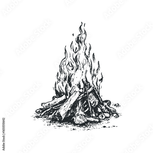 Hand Drawn Bonfire With Flames Against White Background