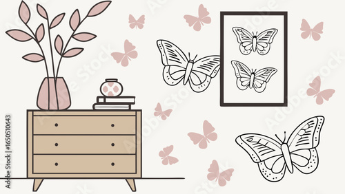 Minimalist living room decor with wooden commode, ceramic vase with eucalyptus, accessories, and a mock-up poster frame on the wall isolated butterflies background.