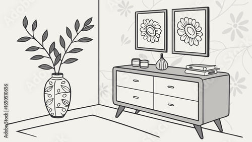Minimalist living room decor with wooden commode, ceramic vase with eucalyptus, accessories, and a mock-up poster frame on the wall isolated  background.