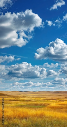Fototapeta Naklejka Na Ścianę i Meble -  Golden field under a vibrant blue sky with fluffy white clouds