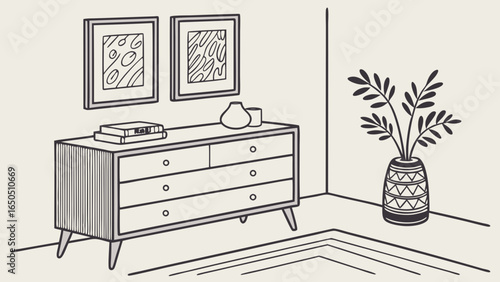 Minimalist living room decor with wooden commode, ceramic vase with eucalyptus, accessories, and a mock-up poster frame on the wall isolated  background.