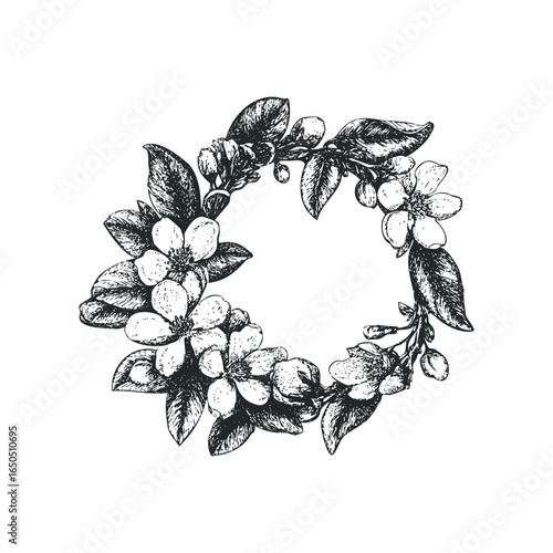 Black and white sketch of a blooming branch forming a circular shape
