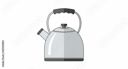 Classic silver stovetop tea kettle illustration with a black handle boiling and releasing steam.