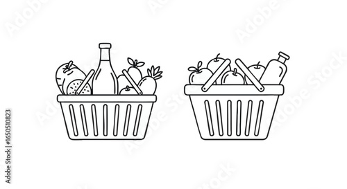 Grocery Shopping Baskets Line Art Illustrations