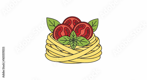 Colorful cartoon illustration of a pasta nest with sliced tomatoes and fresh basil leaves.