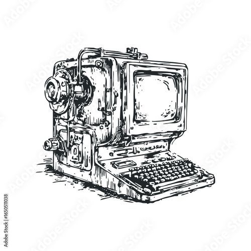 Vintage typewriter and screen contraption sketch