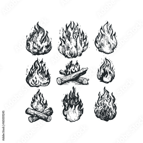 Collection of hand-drawn campfire and woodpile bonfire graphic icons