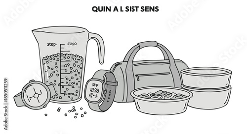 Line art illustration of a daily fitness and wellness essentials kit with a smartwatch, gym bag, and meal prep containers