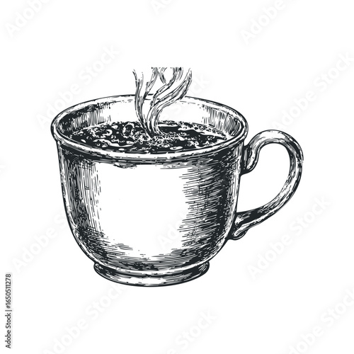 Hand drawn vintage steaming coffee cup illustration
