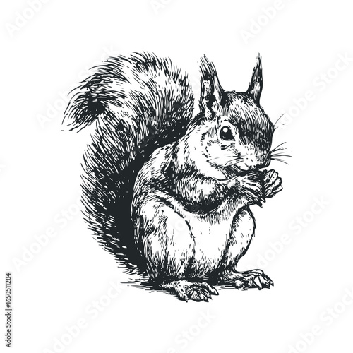 Detailed Ink Sketch of a Squirrel Nibbling a Nut on a White Background